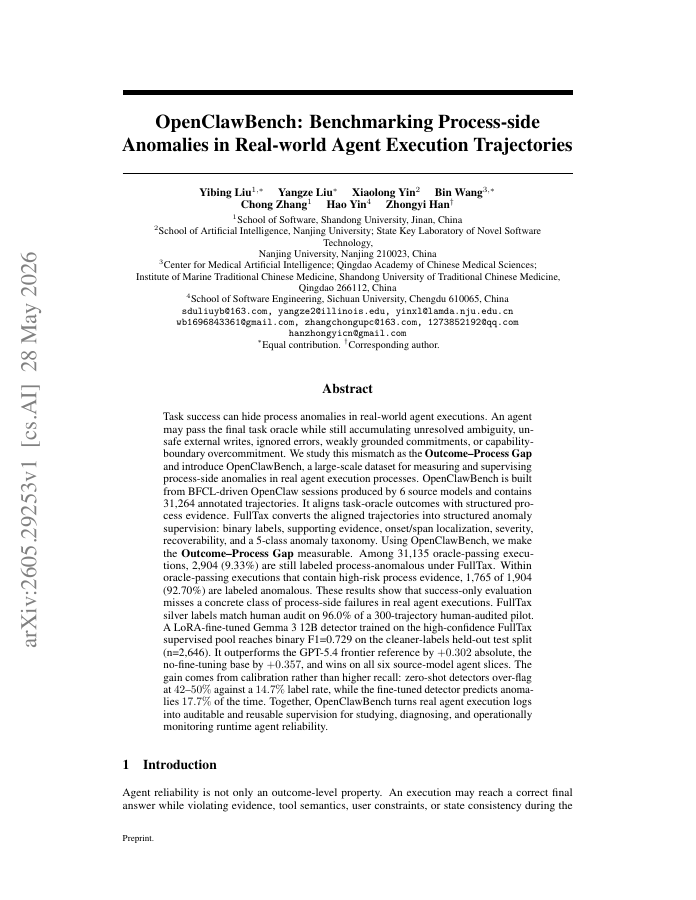 First page of OpenClawBench: Benchmarking Process-side Anomalies in Real-world Agent Execution Trajectories
