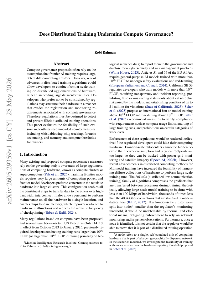 First page of Does Distributed Training Undermine Compute Governance?