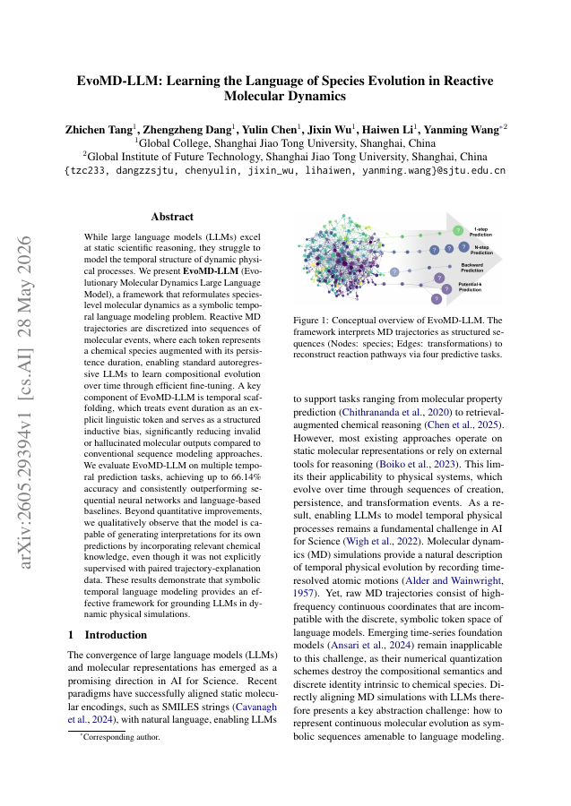 First page of EvoMD-LLM: Learning the Language of Species Evolution in Reactive Molecular Dynamics