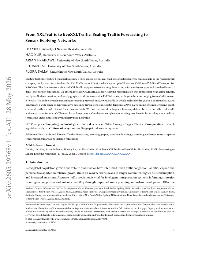 First page of From XXLTraffic to EvoXXLTraffic: Scaling Traffic Forecasting to Sensor-Evolving Networks