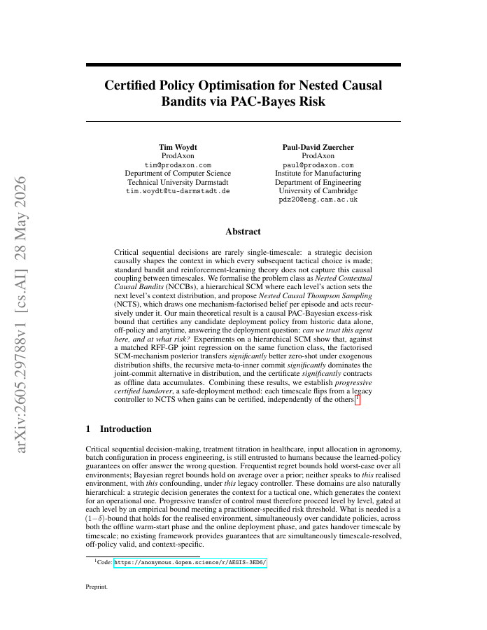 First page of Certified Policy Optimisation for Nested Causal Bandits via PAC-Bayes Risk