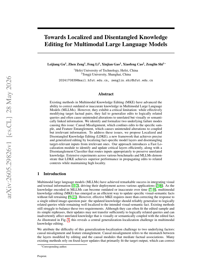 First page of Towards Localized and Disentangled Knowledge Editing for Multimodal Large Language Models