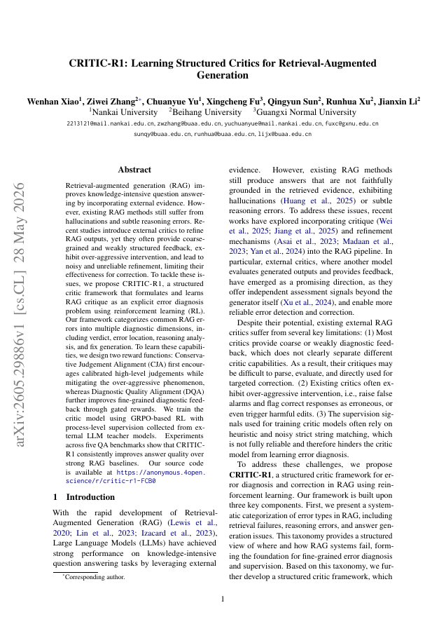 First page of CRITIC-R1: Learning Structured Critics for Retrieval-Augmented Generation