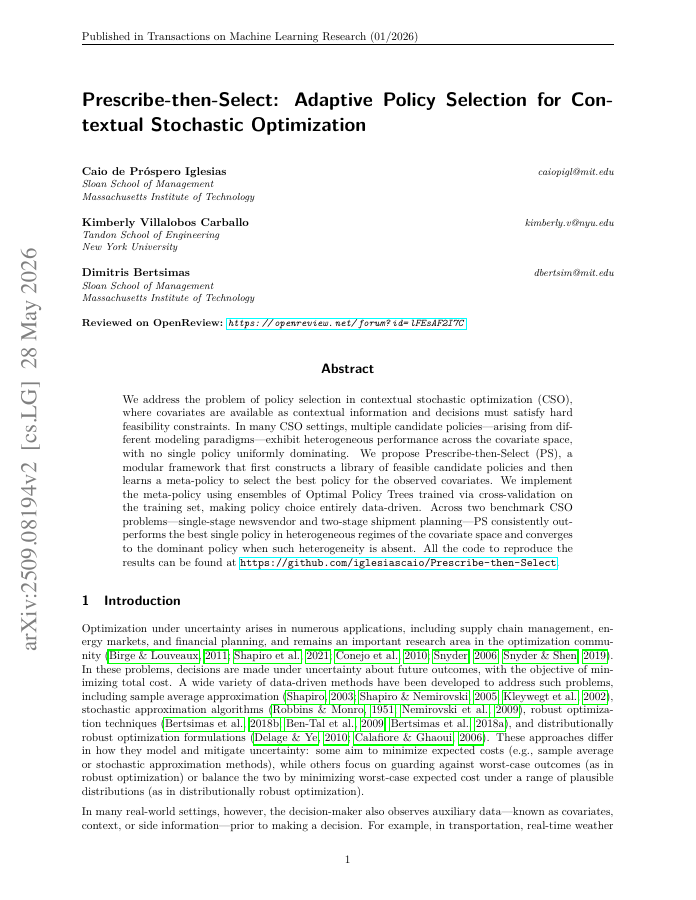 First page of Prescribe-then-Select: Adaptive Policy Selection for Contextual Stochastic Optimization