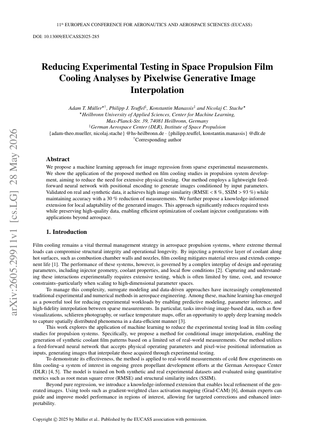 First page of Reducing Experimental Testing in Space Propulsion Film Cooling Analyses by Pixelwise Generative Image Interpolation