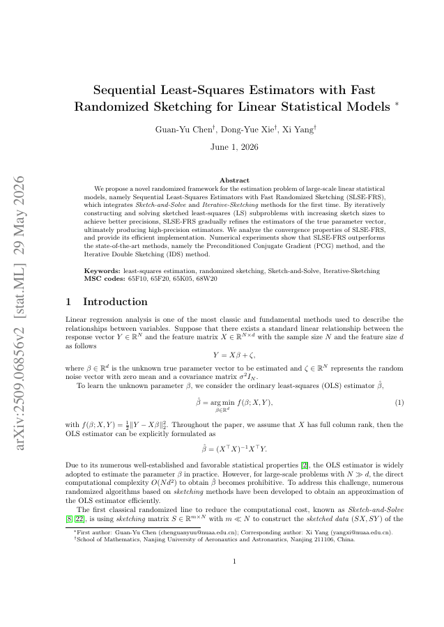 First page of Sequential Least-Squares Estimators with Fast Randomized Sketching for Linear Statistical Models