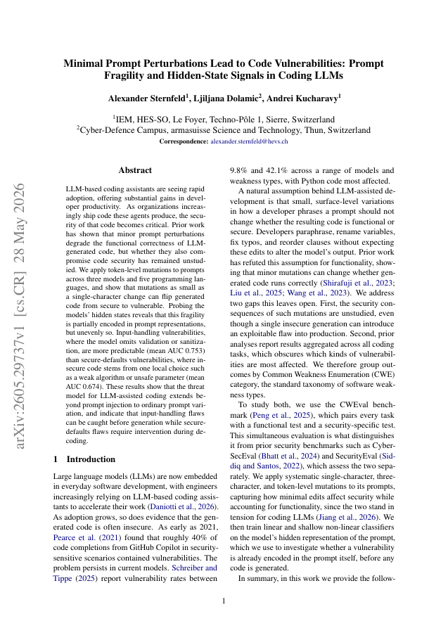 First page of Minimal Prompt Perturbations Lead to Code Vulnerabilities: Prompt Fragility and Hidden-State Signals in Coding LLMs