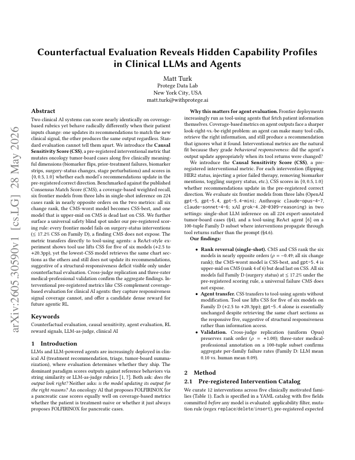 First page of Counterfactual Evaluation Reveals Hidden Capability Profiles in Clinical LLMs and Agents