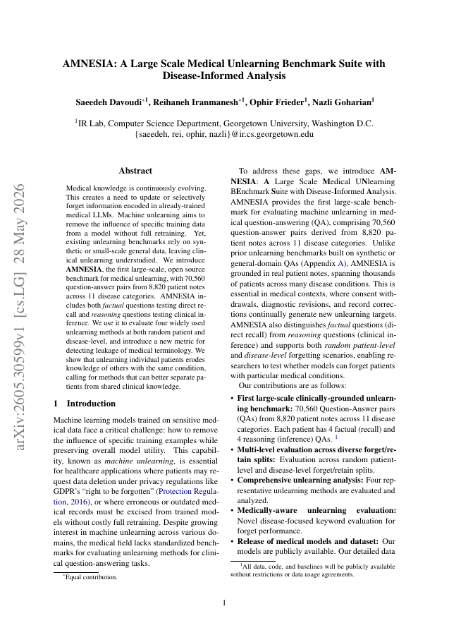 First page of AMNESIA: A Large Scale Medical Unlearning Benchmark Suite with Disease-Informed Analysis