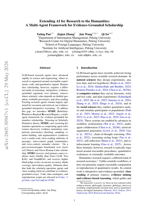 First page of Extending AI for Research to the Humanities: A Multi-Agent Framework for Evidence-Grounded Scholarship