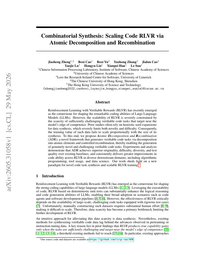First page of Combinatorial Synthesis: Scaling Code RLVR via Atomic Decomposition and Recombination