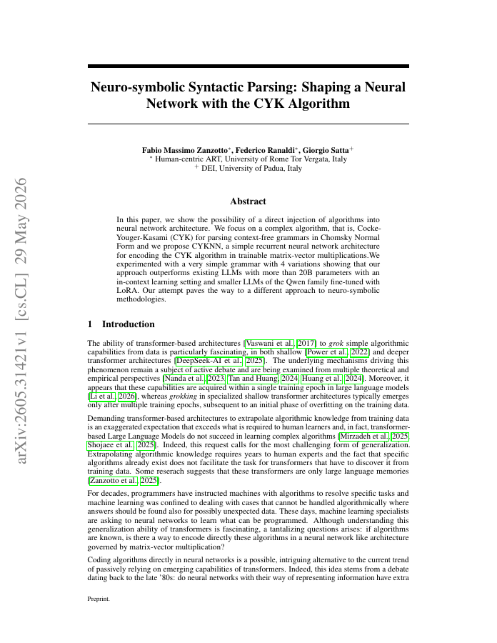 First page of Neuro-symbolic Syntactic Parsing: Shaping a Neural Network with the CYK Algorithm