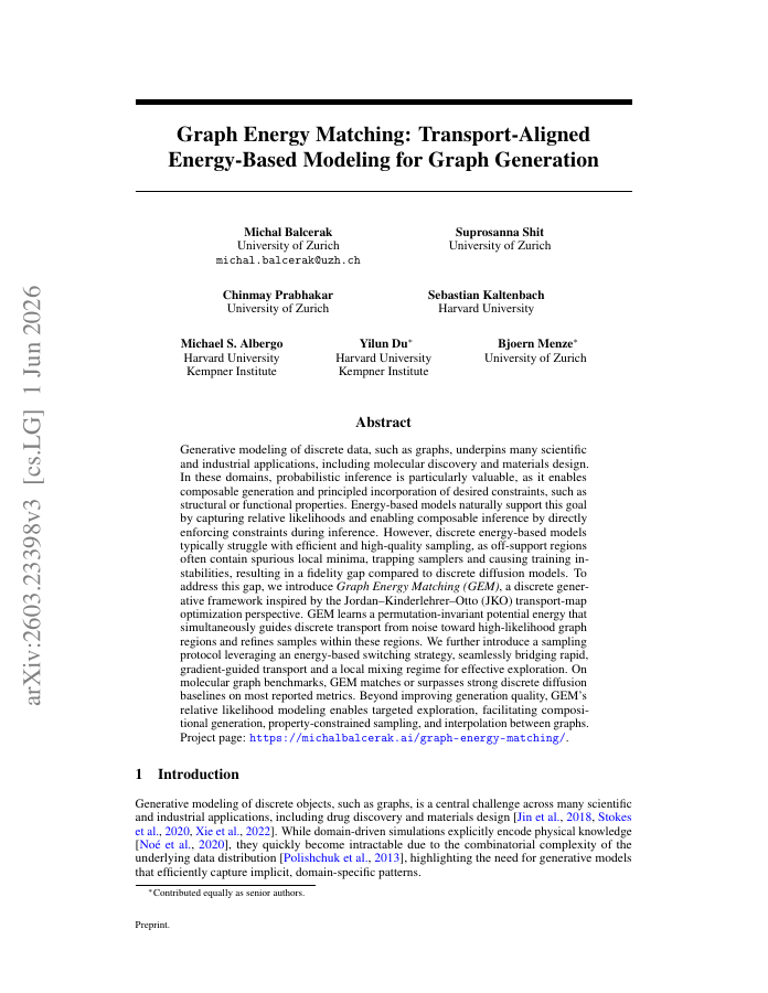 First page of Graph Energy Matching: Transport-Aligned Energy-Based Modeling for Graph Generation